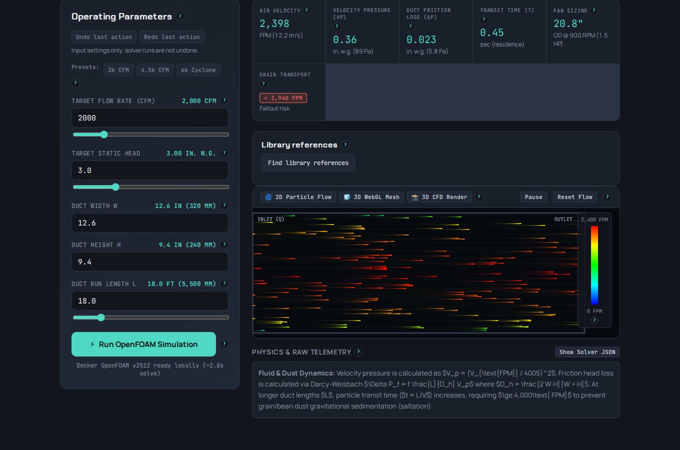 Duct airflow simulator with operating parameters, results tiles, particle flow view and physics notes
