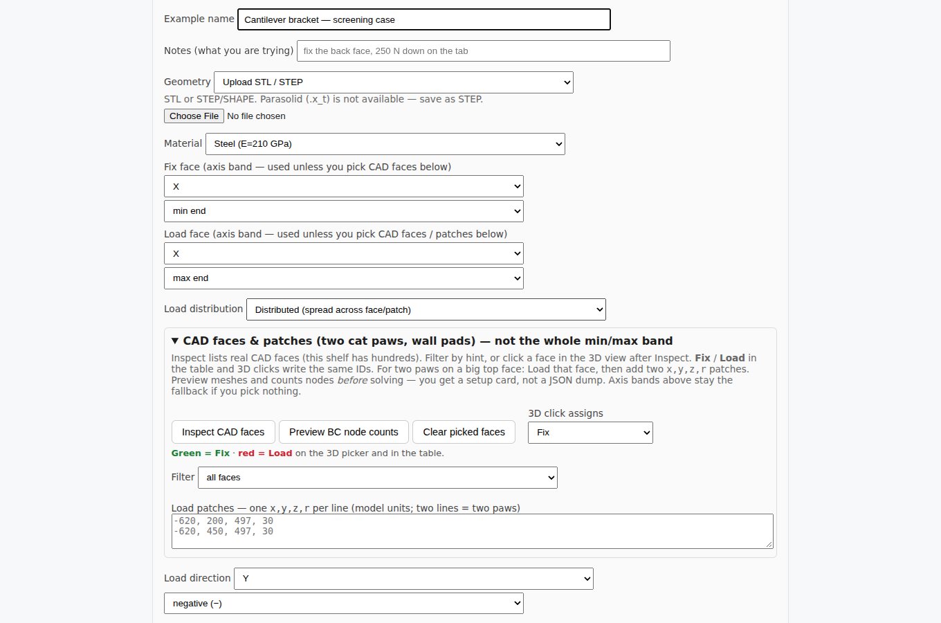 Build an example form with name, notes, geometry, material, fix and load faces