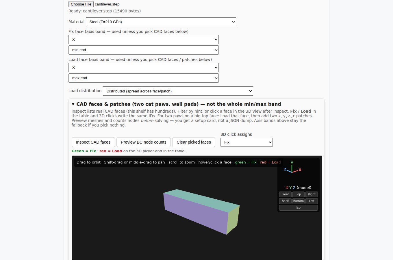 CAD face picker with a 3D view of a part, colored faces and view-cube controls